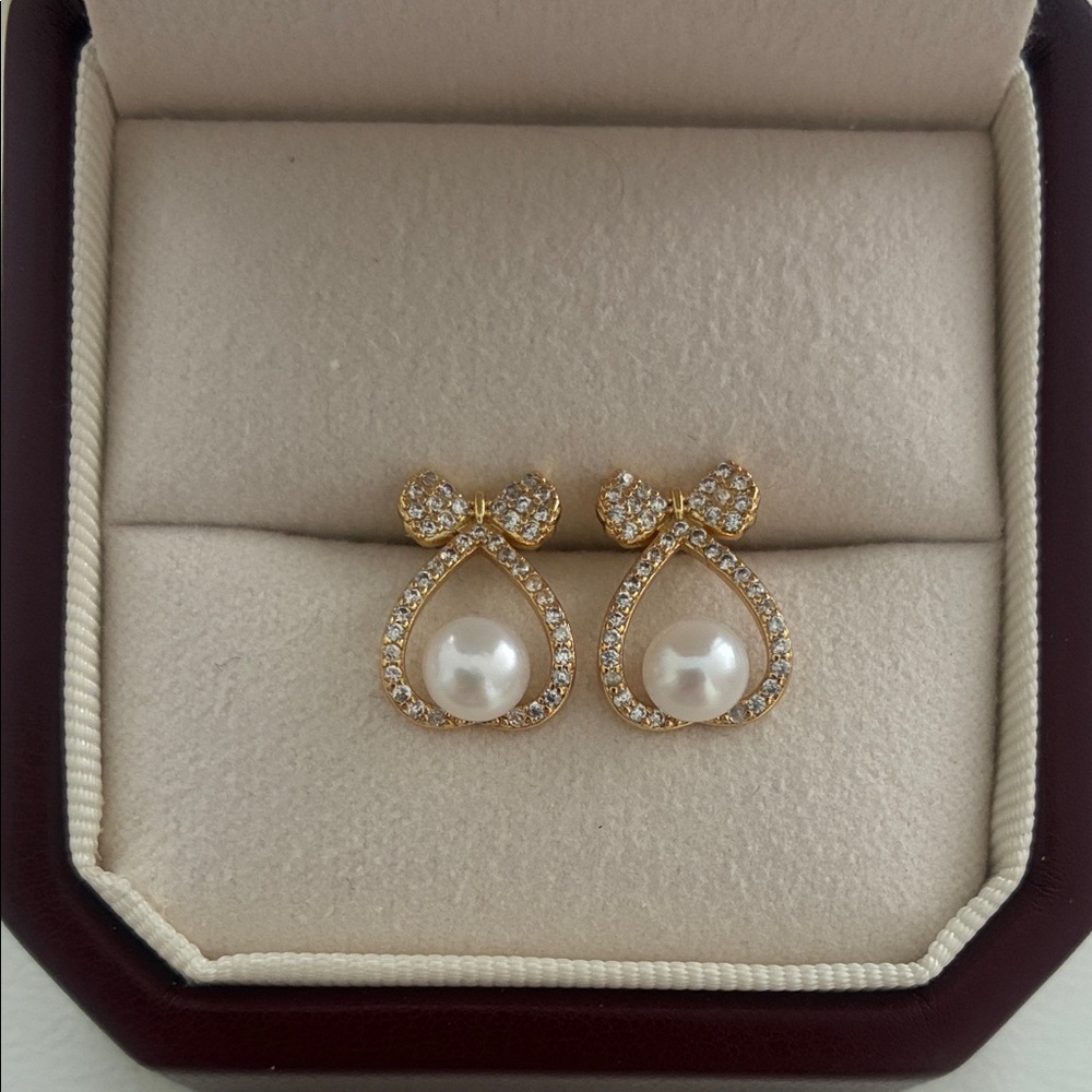 Elegant Gold Bow Pearl Earrings|Gold Earrings|Christmas Gift for her